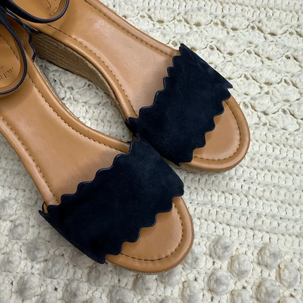 J. CREW Women's 10 Suede Leather Scalloped Flatform Espadrille Shoes Navy Tan